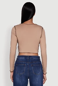 Womens Brushed Knit Lace-Up Long Sleeve Crop Blouse,