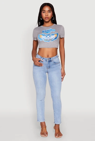 Womens Vintage Motorcycle Graphic Crop Top, Grey,