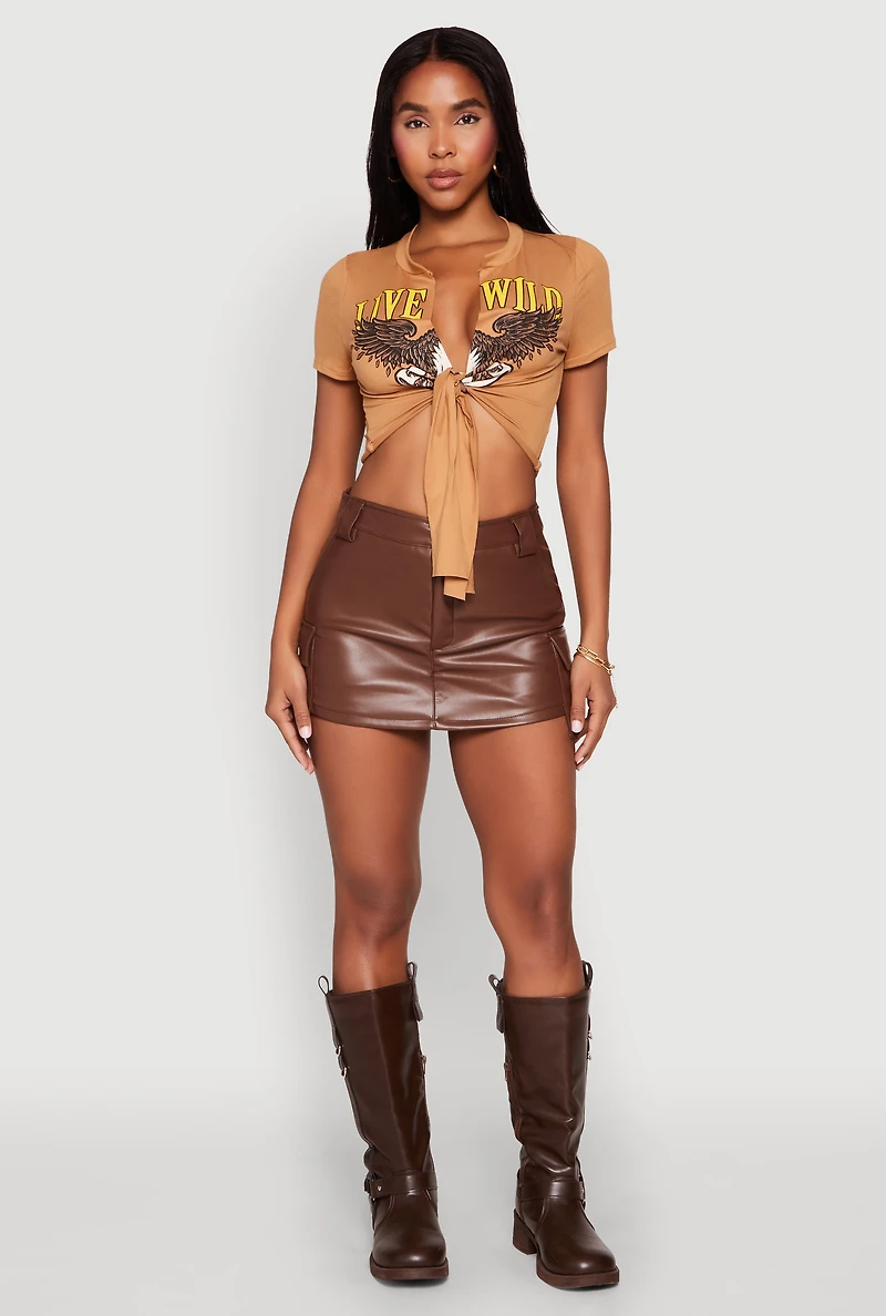 Womens Live Wild Plunge Tie Front Crop Top, Brown,