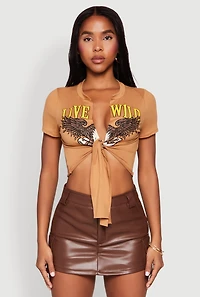 Womens Live Wild Plunge Tie Front Crop Top, Brown,
