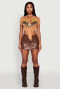 Womens Live Wild Plunge Tie Front Crop Top, Brown,