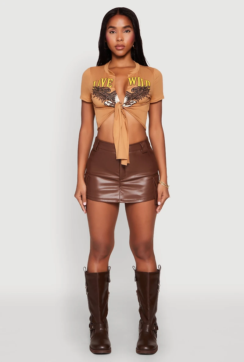Womens Live Wild Plunge Tie Front Crop Top, Brown, Size S