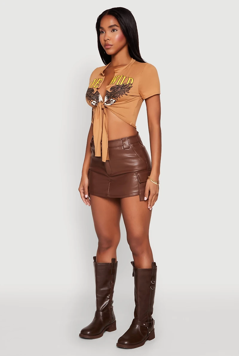 Womens Live Wild Plunge Tie Front Crop Top, Brown, Size S