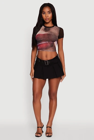 Womens Lip Graphic Mesh Crop Top, Black,