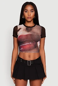 Womens Lip Graphic Mesh Crop Top, Black,