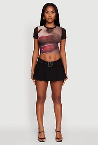 Womens Lip Graphic Mesh Crop Top, Black,