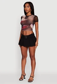 Womens Lip Graphic Mesh Crop Top, Black,