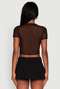 Womens Lip Graphic Mesh Crop Top, Black,