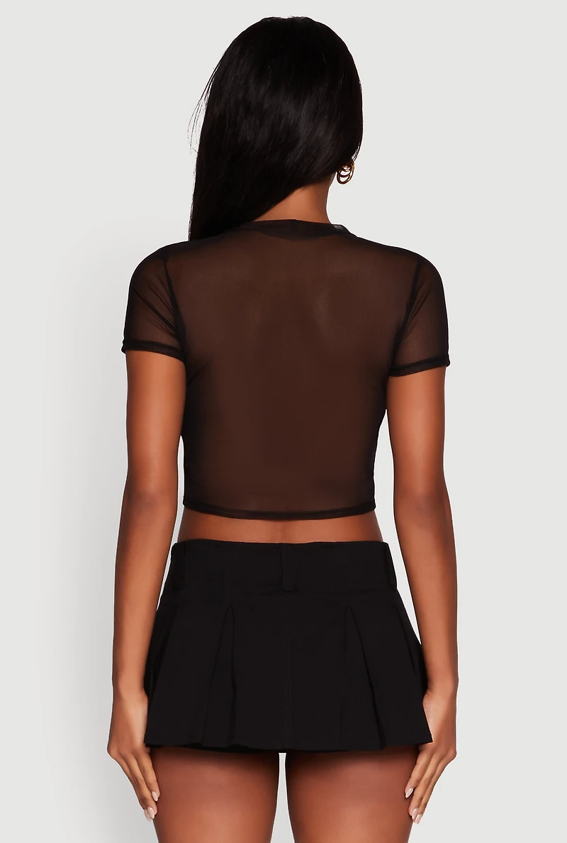 Womens Lip Graphic Mesh Crop Top, Multi, Size M