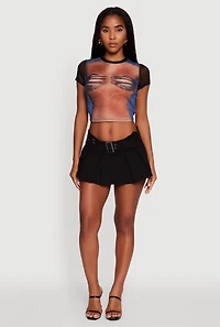 Womens Mesh Graphic Print Crop T-Shirt, Multi,