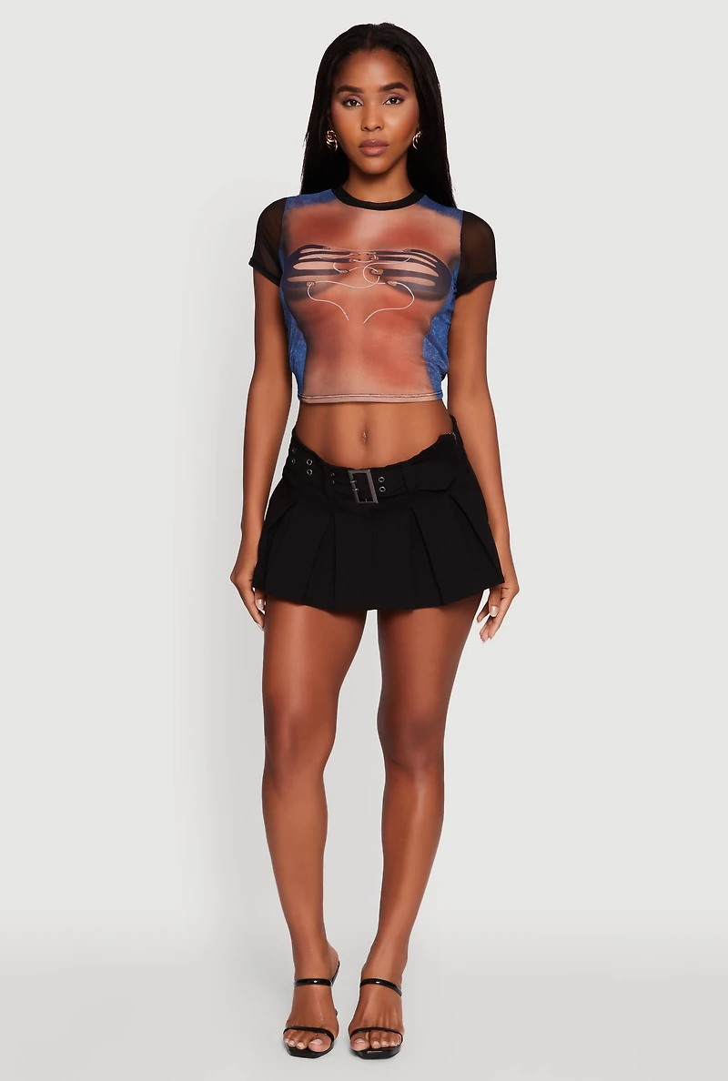 Womens Mesh Graphic Print Crop T-Shirt, Multi, Size S