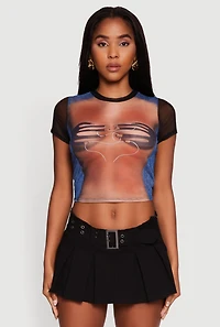 Womens Mesh Graphic Print Crop T-Shirt, Multi,