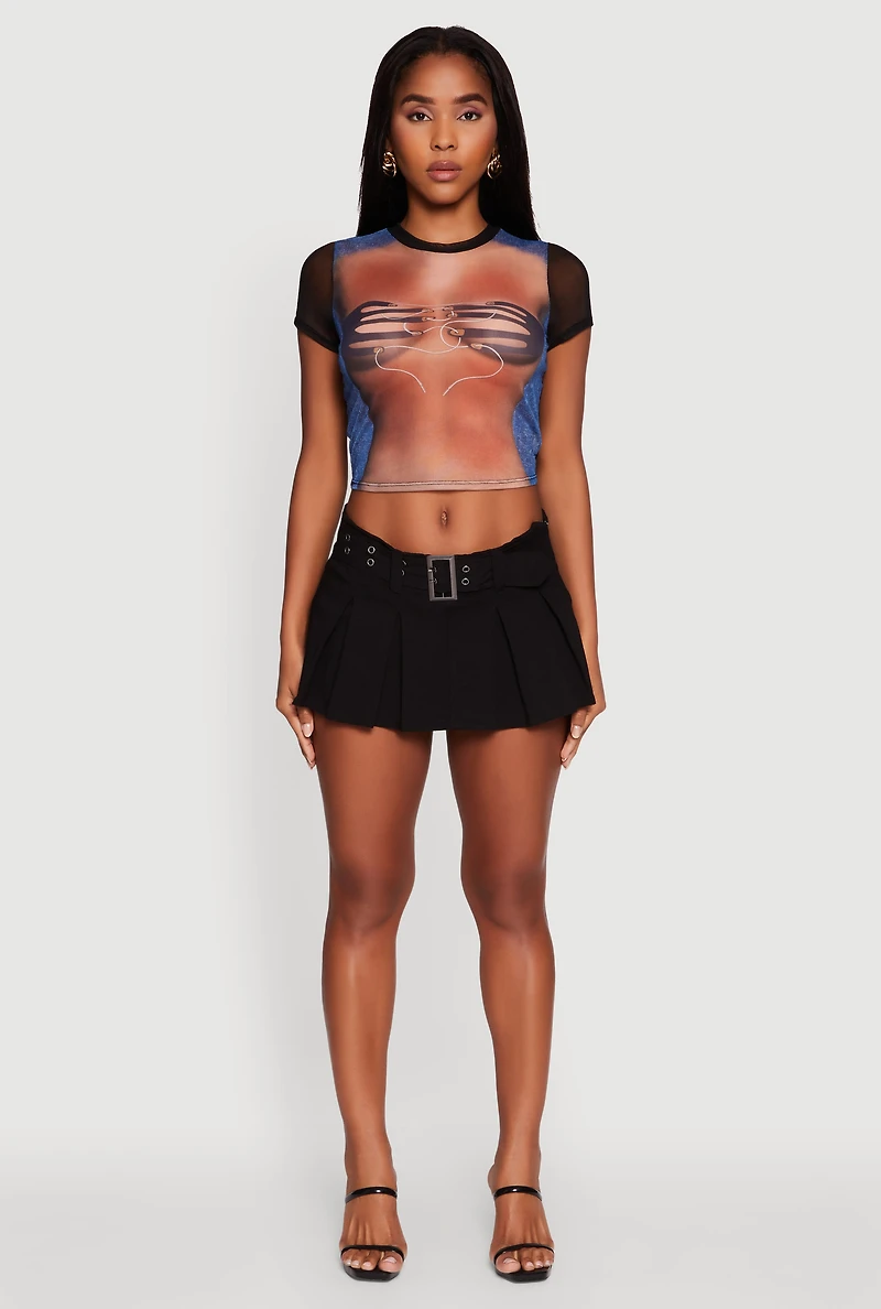 Womens Mesh Graphic Print Crop T-Shirt, Multi, Size S