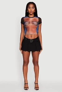 Womens Mesh Graphic Print Crop T-Shirt, Multi, Size S