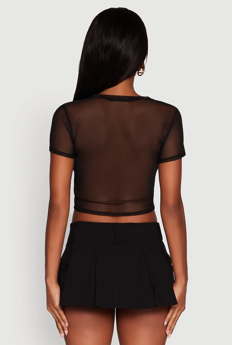 Womens Mesh Graphic Print Crop T-Shirt, Multi, Size S