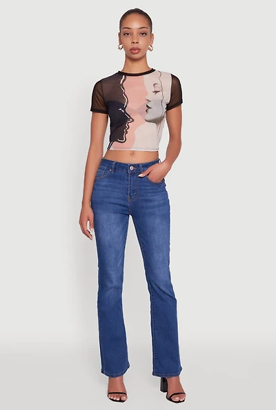 Womens Mesh Faces Graphic Print Crop Tee, Multi, Size L