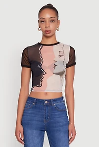 Womens Mesh Faces Graphic Print Crop Tee, Multi, Size L