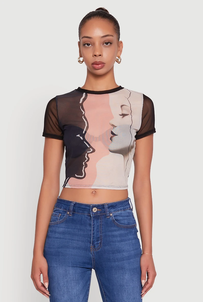 Womens Mesh Faces Graphic Print Crop Tee, Multi, Size XL