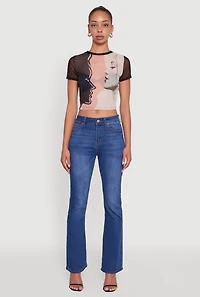 Womens Mesh Faces Graphic Print Crop Tee, Multi, Size L
