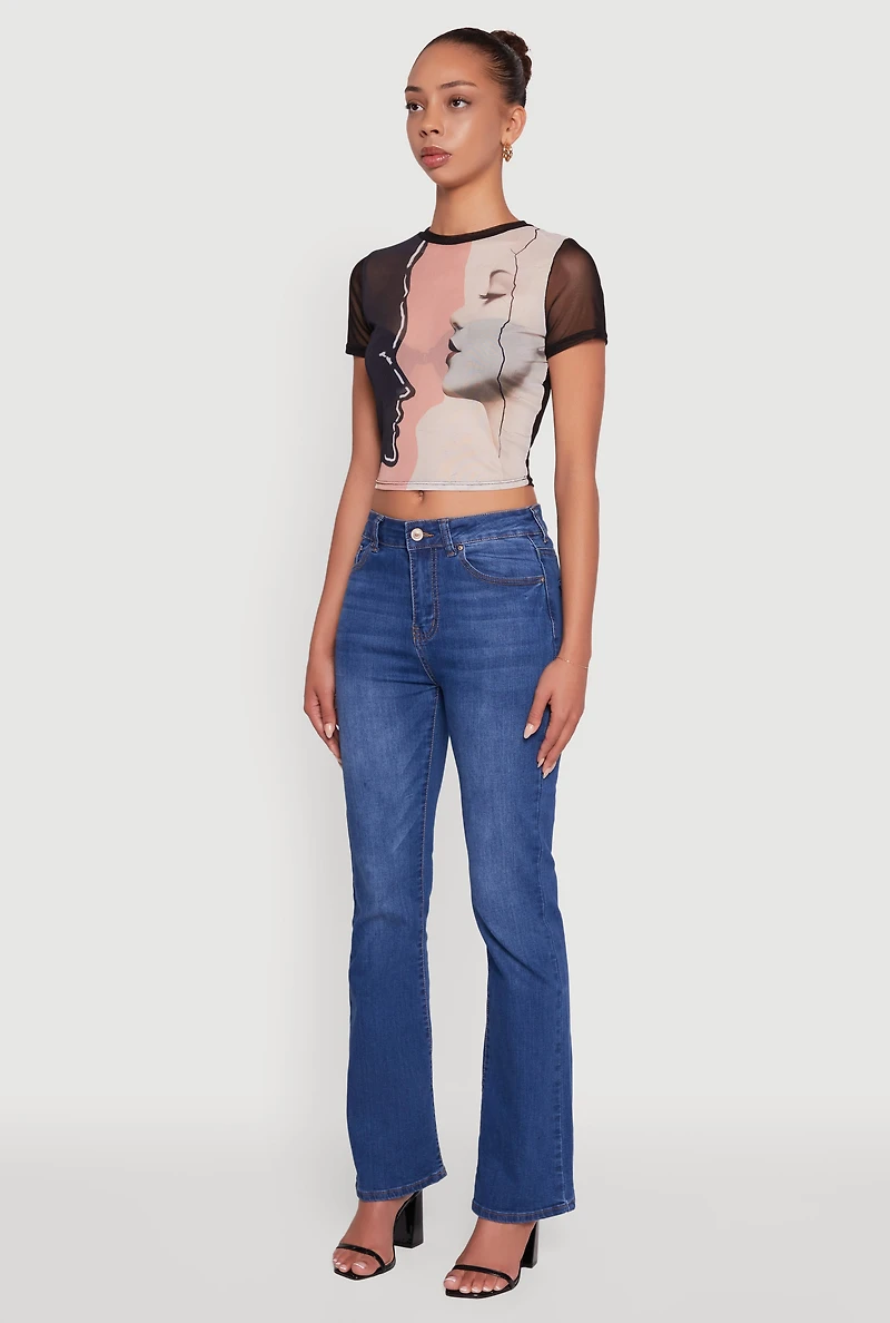 Womens Mesh Faces Graphic Print Crop Tee, Multi, Size M