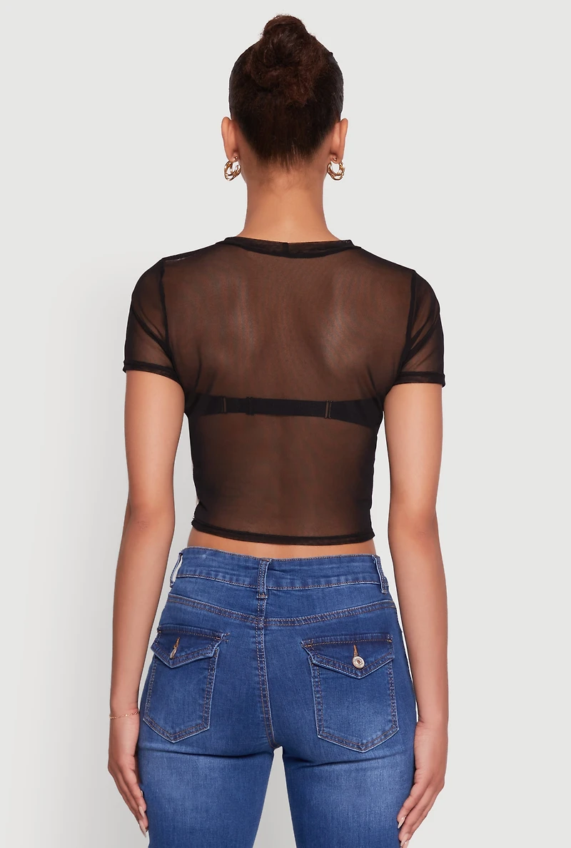 Mesh Faces Graphic Print Crop Tee