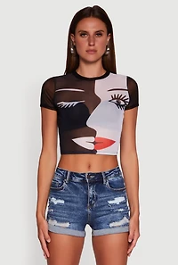 Womens Dual Face Graphic Mesh Crop Top, Multi, Size XL