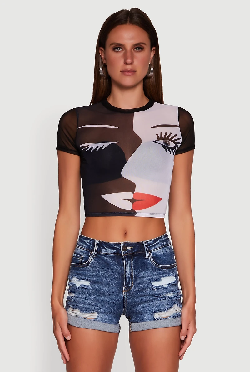 Womens Dual Face Graphic Mesh Crop Top, Multi, Size XL