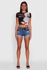 Womens Dual Face Graphic Mesh Crop Top, Multi, Size XL