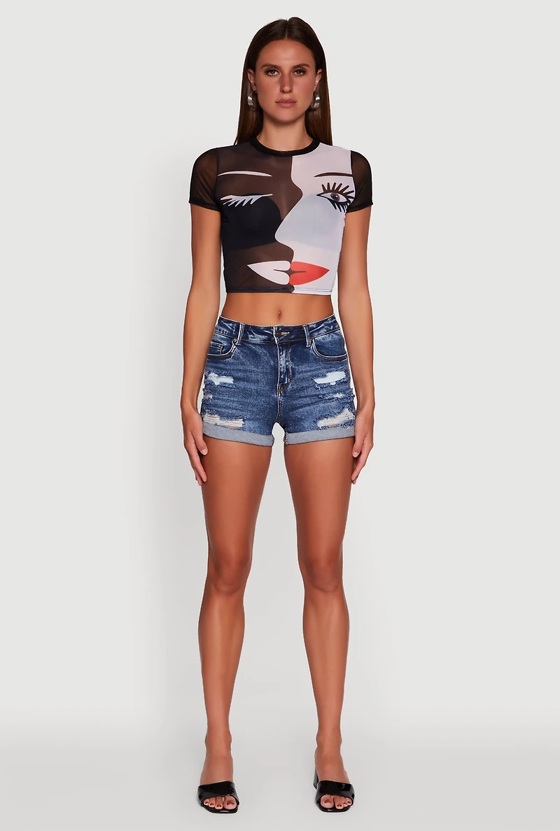 Womens Dual Face Graphic Mesh Crop Top, Multi, Size L