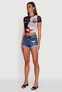 Womens Dual Face Graphic Mesh Crop Top, Multi, Size XL