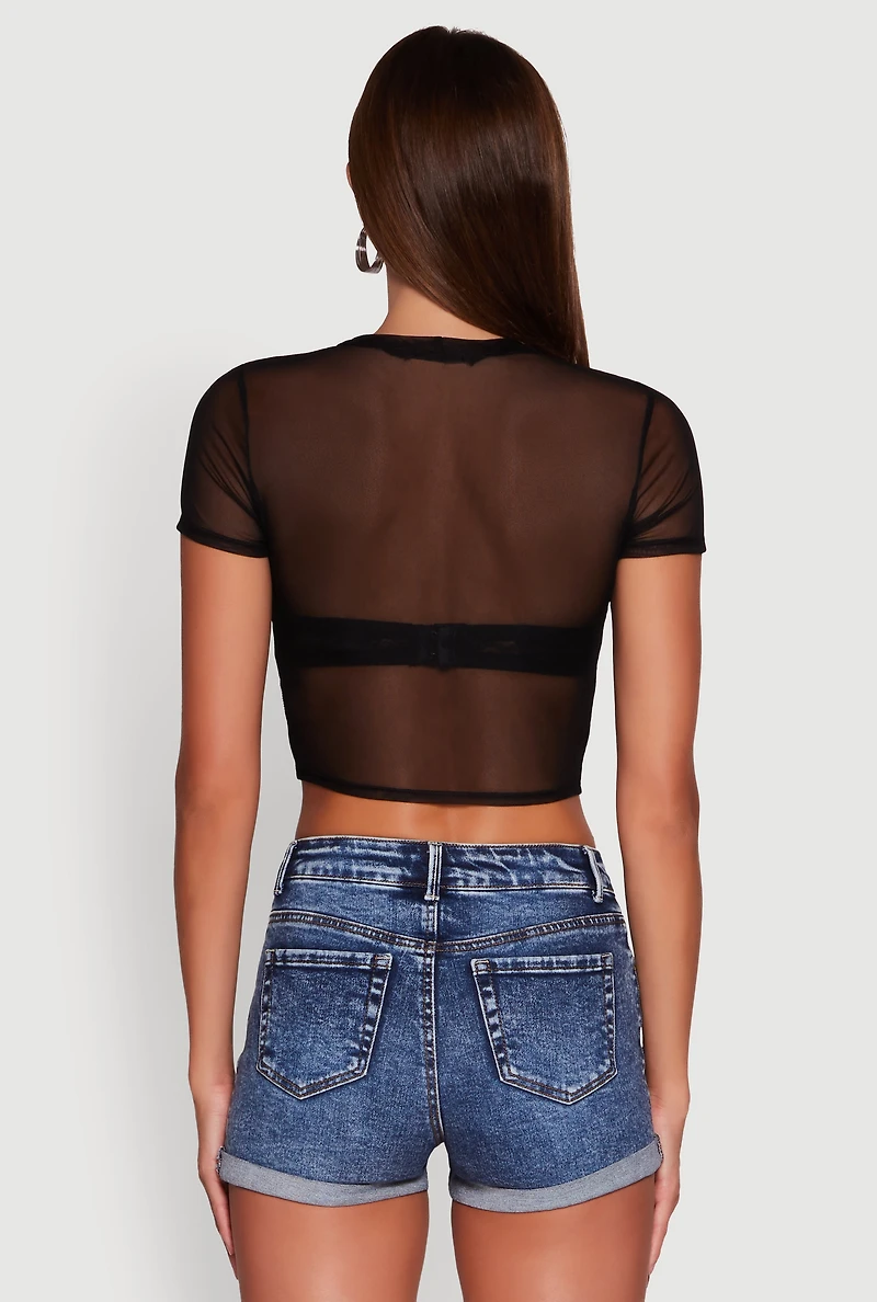 Womens Dual Face Graphic Mesh Crop Top, Multi, Size XL
