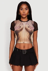 Womens Mesh Hands Graphic Cropped Tee, Multi, Size XL