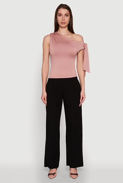 Womens Trendy Tie Sleeve Ruched Asymmetrical Top, Pink, Size S