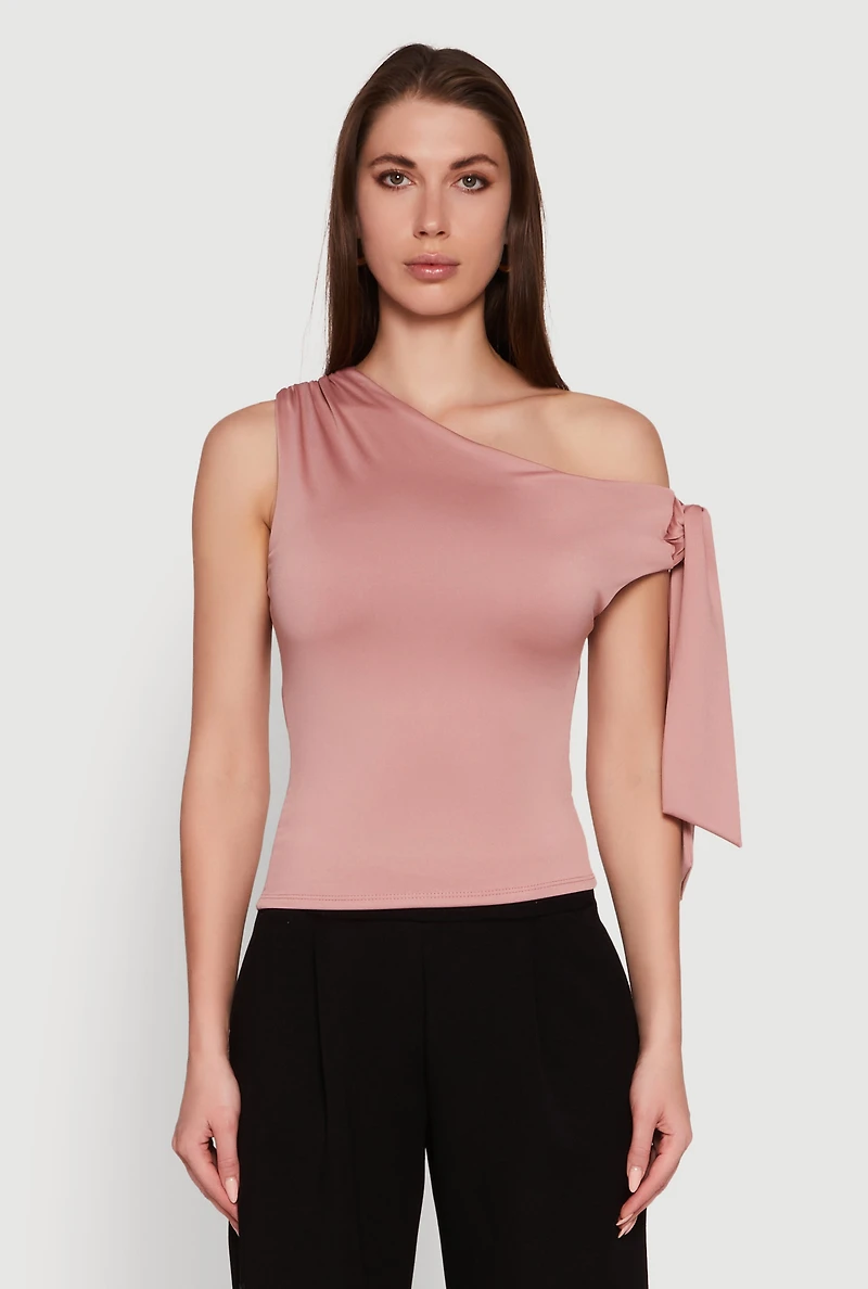 Womens Trendy Tie Sleeve Ruched Asymmetrical Top, Pink, Size S