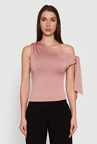 Womens Trendy Tie Sleeve Ruched Asymmetrical Top, Pink, Size S