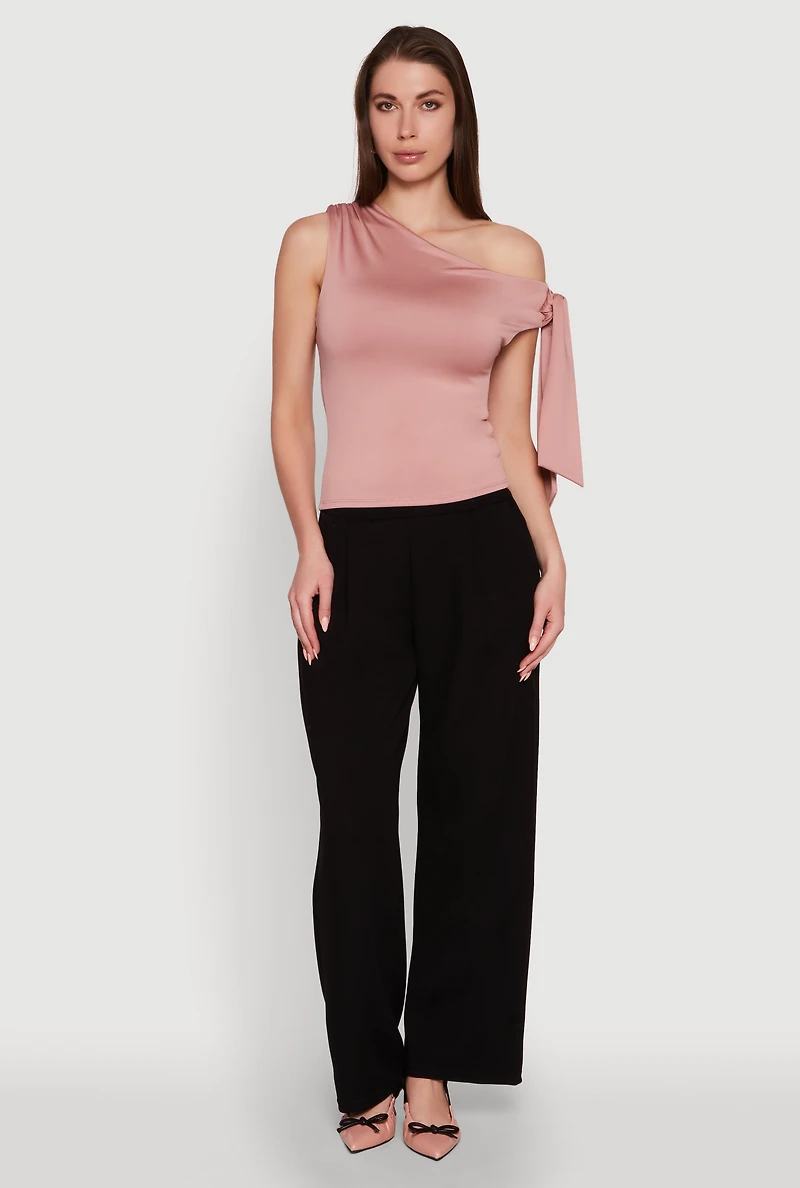 Womens Trendy Tie Sleeve Ruched Asymmetrical Top, Pink, Size S