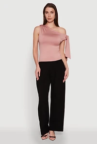 Womens Trendy Tie Sleeve Ruched Asymmetrical Top, Pink, Size S