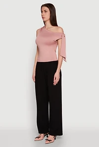 Womens Trendy Tie Sleeve Ruched Asymmetrical Top, Pink, Size S