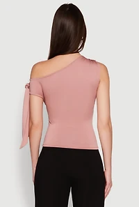 Womens Trendy Tie Sleeve Ruched Asymmetrical Top, Pink, Size S