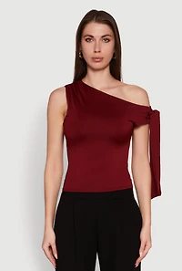 Womens Trendy Tie Sleeve Ruched Asymmetrical Top, M
