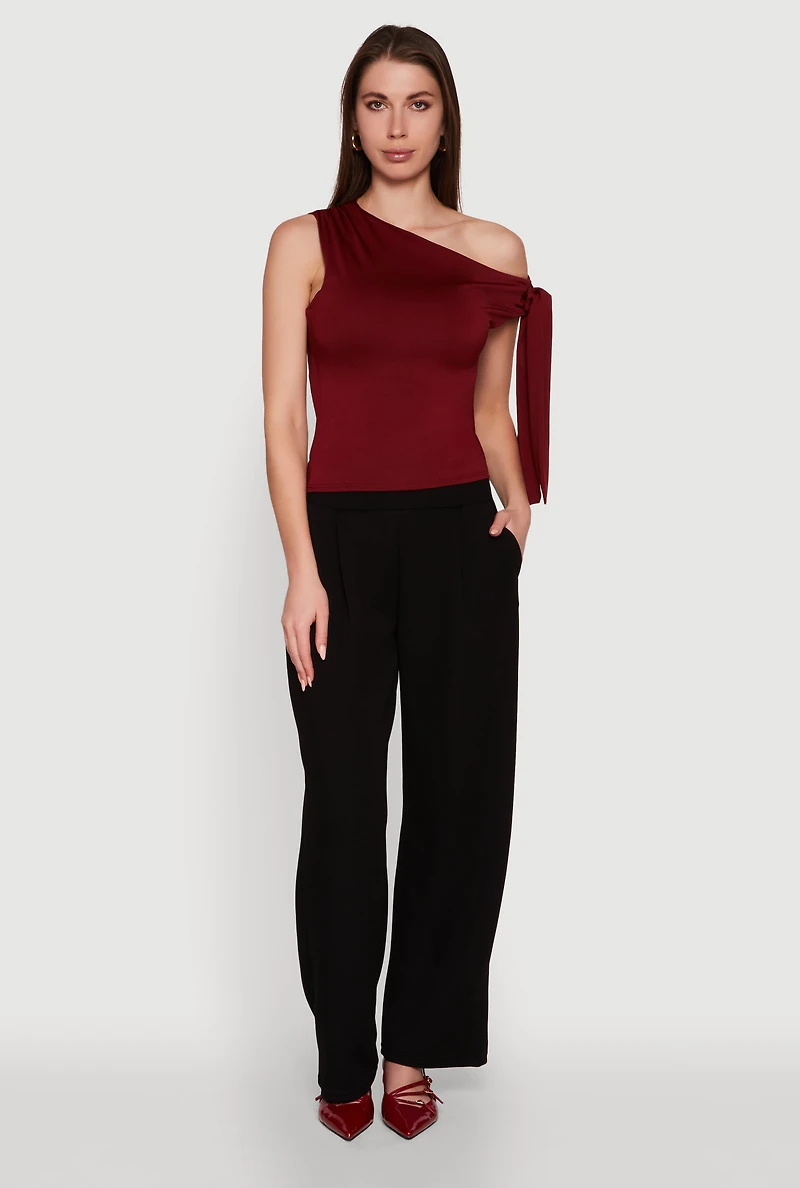 Womens Trendy Tie Sleeve Ruched Asymmetrical Top, M