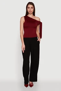 Womens Trendy Tie Sleeve Ruched Asymmetrical Top, M