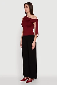 Womens Trendy Tie Sleeve Ruched Asymmetrical Top, M