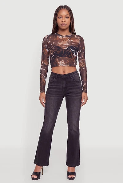 Printed Mesh Long Sleeve Crop Top
