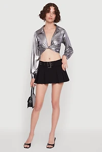 Womens Bubble Sleeve Twist Front Plunge Crop Top, L