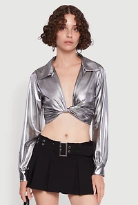 Womens Bubble Sleeve Twist Front Plunge Crop Top,