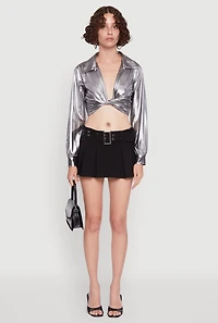 Womens Bubble Sleeve Twist Front Plunge Crop Top, L