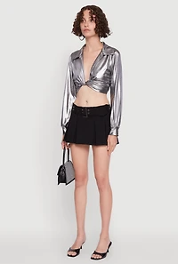 Womens Bubble Sleeve Twist Front Plunge Crop Top,