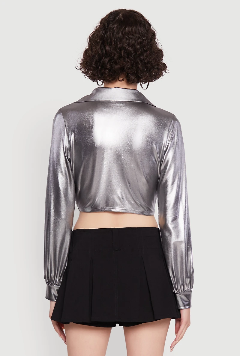 Womens Bubble Sleeve Twist Front Plunge Crop Top, L