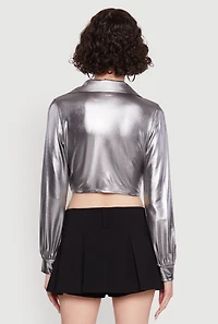 Womens Bubble Sleeve Twist Front Plunge Crop Top, L